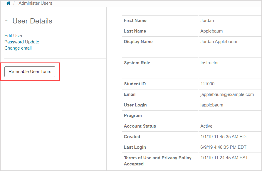 The "Re-enable User Tours" button is under the "Change email" link.
